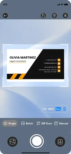 Habsy scan screen reading Olivia Martinez's business card