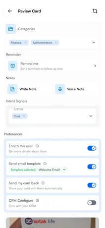 Habsy Review Card screen with categories, reminder, notes and preferences