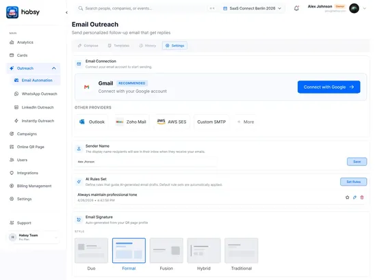 Email template editor with variables, brochure attachment and shared team signature