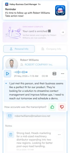 Habsy contact screen with a voice note, reminder and notes