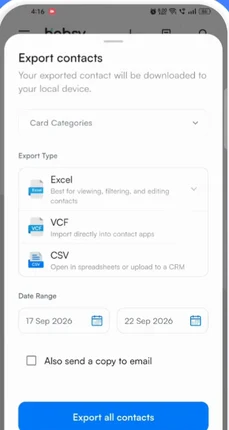 Export to Excel, CSV or VCF