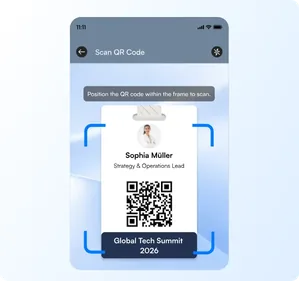 Habsy app scanning an event badge QR code for Sophia Müller at Global Tech Summit 2026