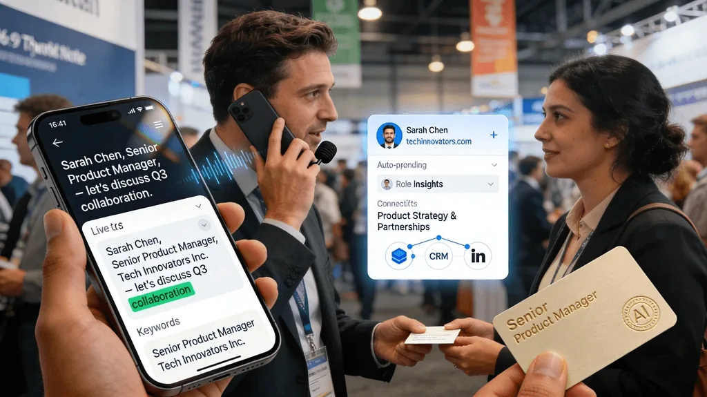 AI-powered business card scanner capturing contact details, meeting notes, and CRM insights during a networking event.