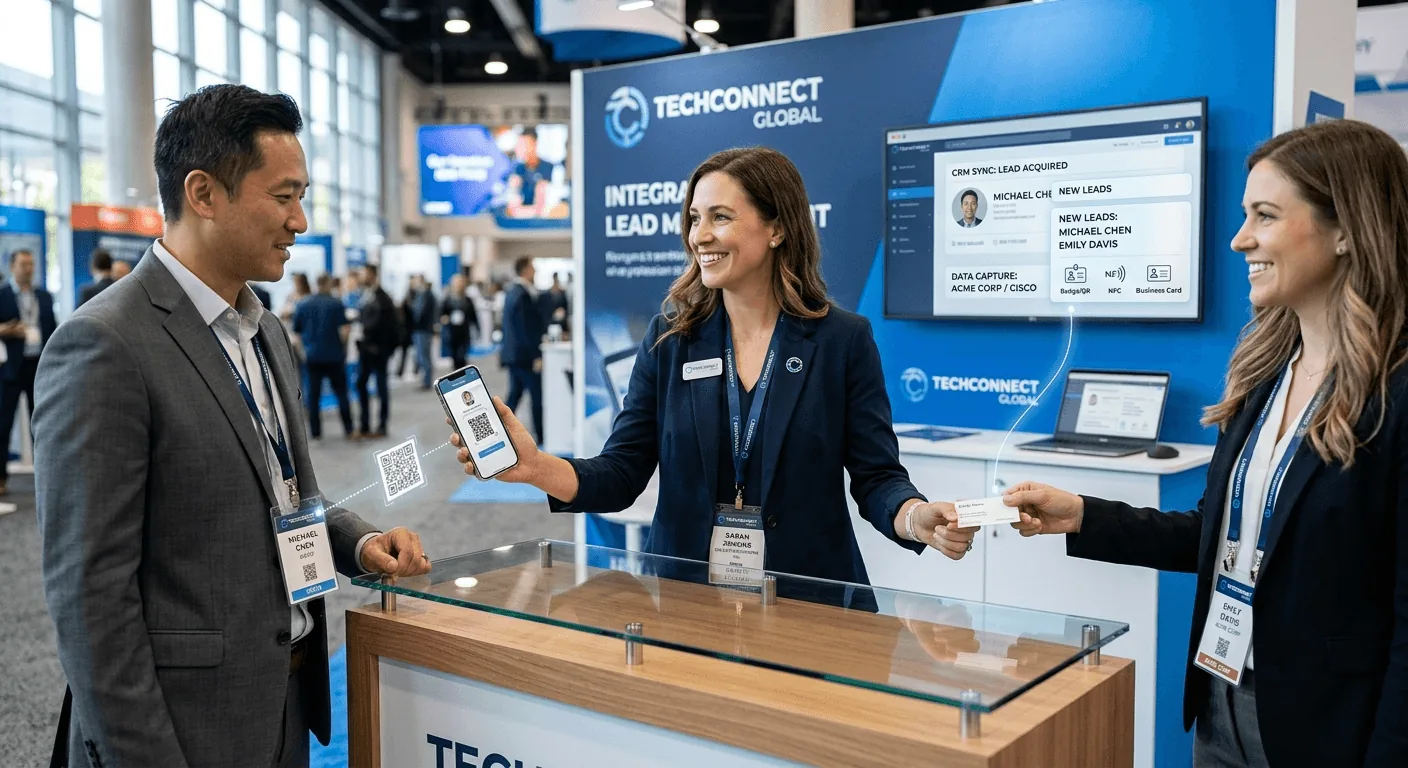 Sales professional using hybrid networking by scanning a QR badge while collecting a business card at a trade show.