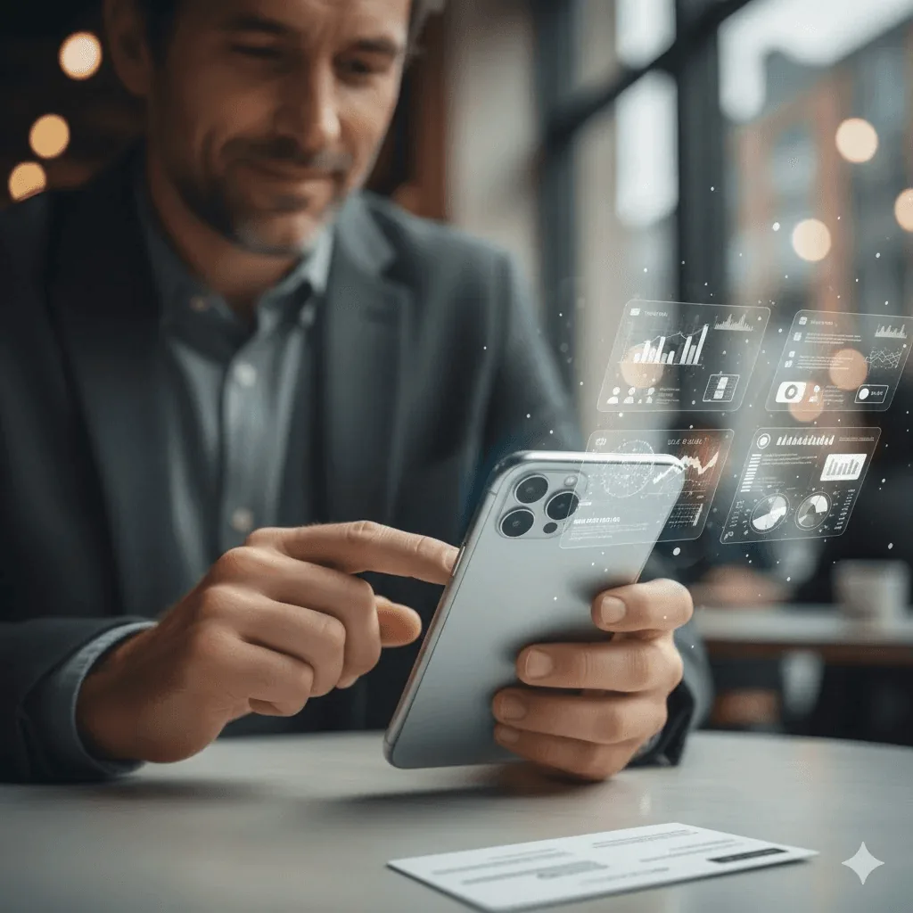 Professional using a smartphone to scan a business card while AI analyzes contact information, meeting insights, and networking data for stronger business relationships.