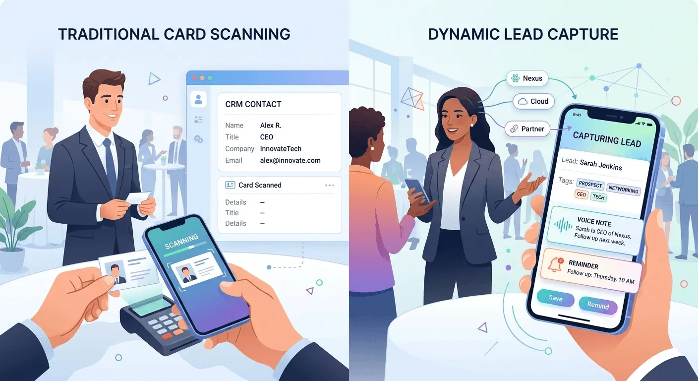 SnapAddy vs Habsy comparison showing basic card scanning vs intelligent lead capture workflow
