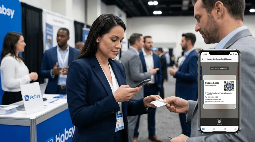 professional using Habsy Business Card Manager in Trade show
