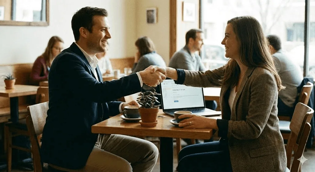 Business professionals completing a networking meeting with Habsy.ai streamlining business card management and AI-powered contact organization