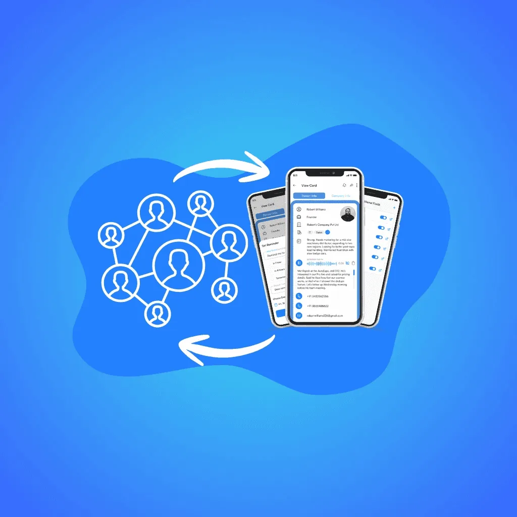Illustration showing Habsy Business Card Manager transforming business networking into organized digital contacts with AI-powered business card scanning and contact management.