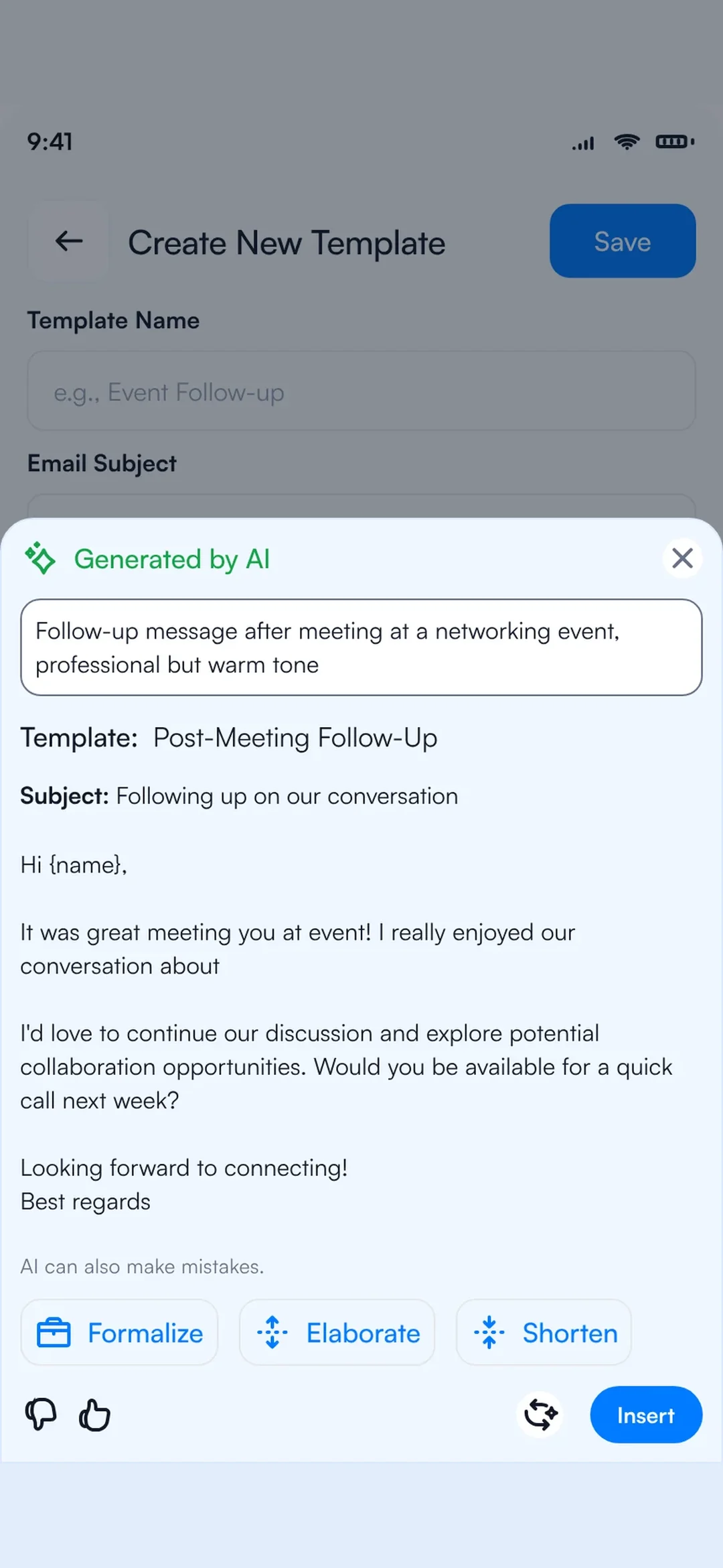 Habsy AI writing a follow-up email from a one-line prompt