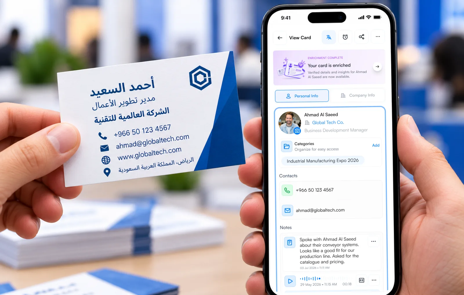 An Arabic business card beside the English contact Habsy created from it
