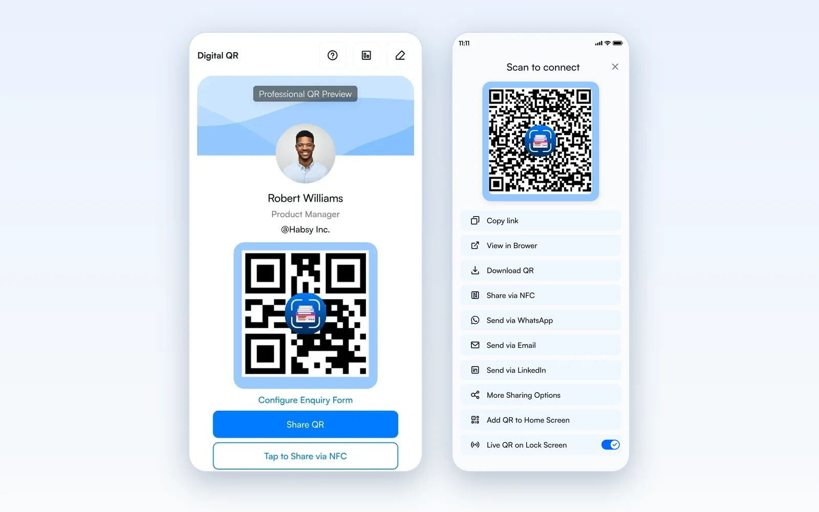 Habsy digital business card shared by QR code from the phone, with the share options