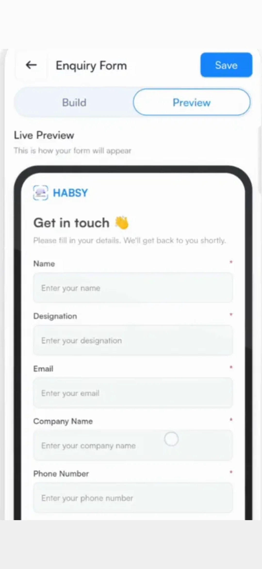 Habsy enquiry form builder with a live preview of the form visitors see