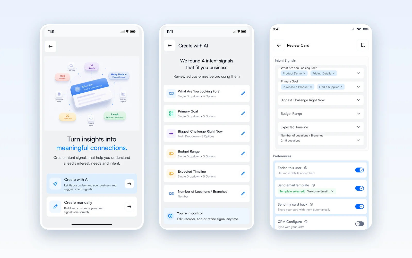 Habsy app creating intent signals with AI: the start screen, the signals AI suggested for review, and the signals picked on a contact