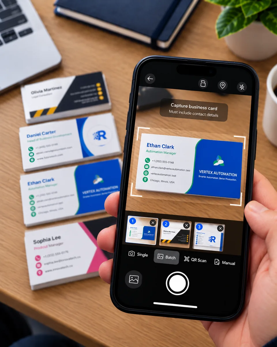 Batch scanning a stack of business cards with the Habsy app