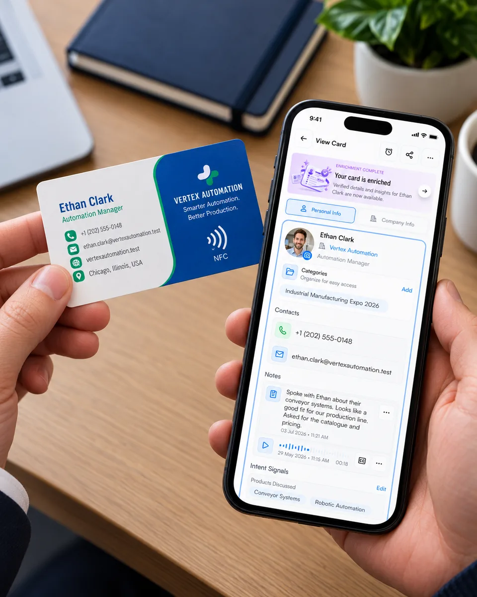 An NFC business card next to the Habsy contact it created, with enrichment and intent signals