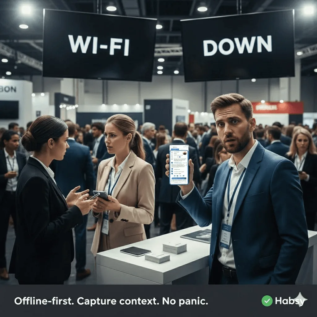 Professionals using Habsy's offline business card scanner at an event with no Wi-Fi to capture and organize leads without internet access.