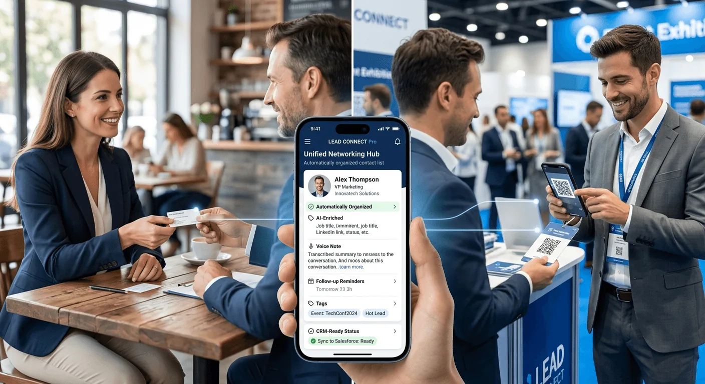 Traditional business cards and QR badge scans merging into a single lead management workflow through a business card manager app.