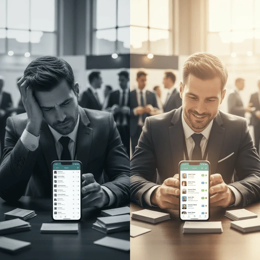 Before-and-after comparison of manual business card management and AI-powered contact organization with Habsy app