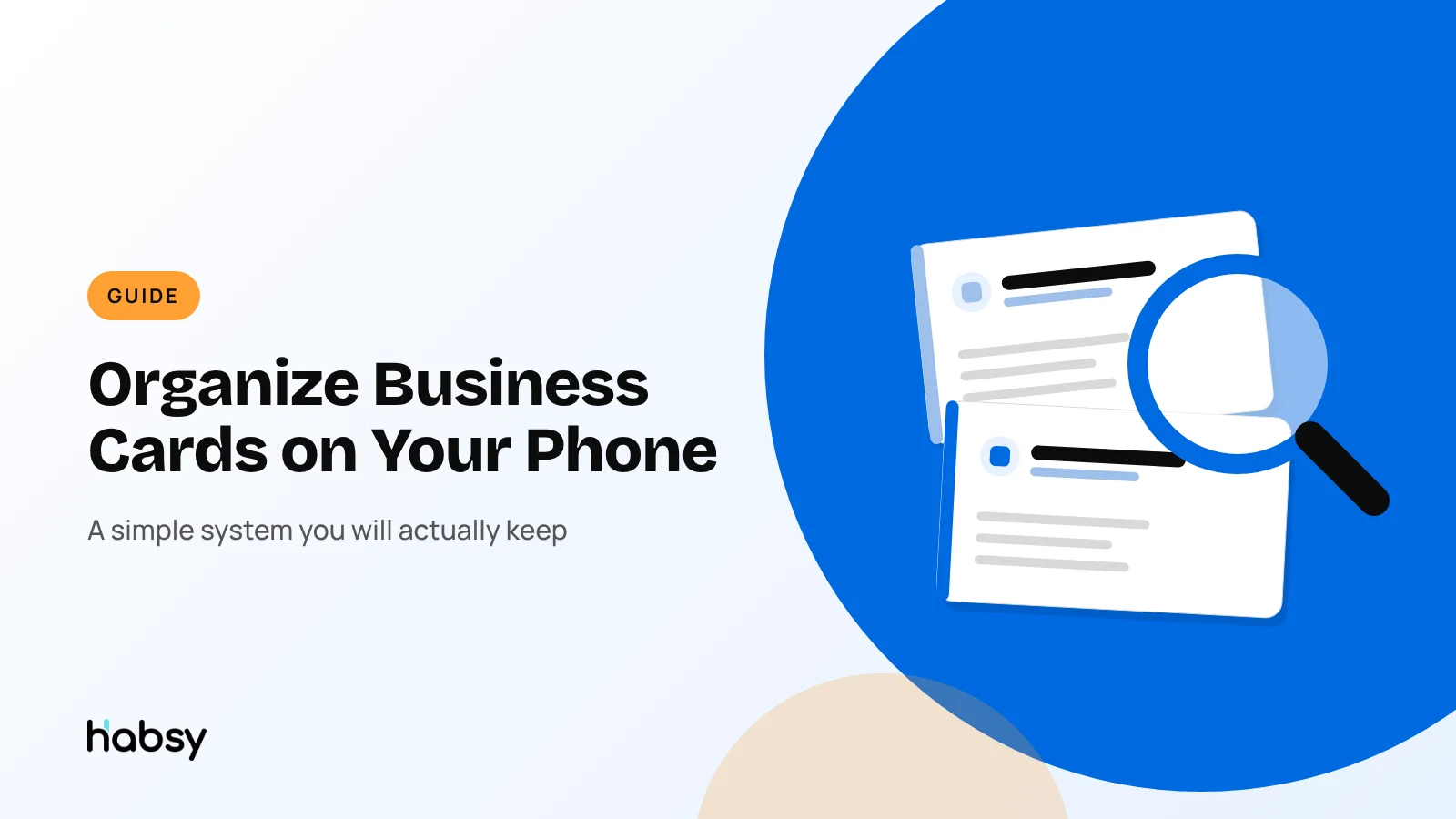 Business cards organized on a phone with tags and search in the Habsy app