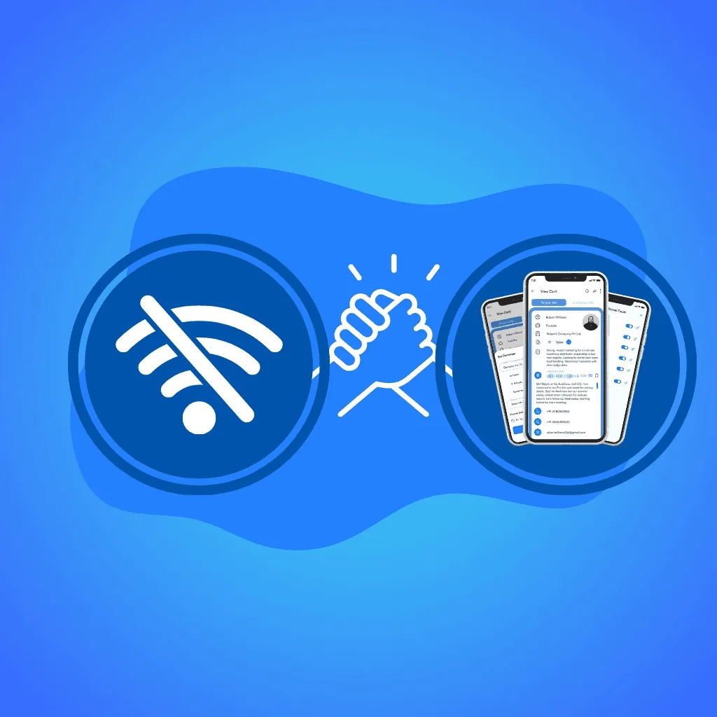 Illustration showing Habsy Business Card Manager enabling offline business card capture with AI-powered contact management, voice notes, reminders, and automatic sync when back online.