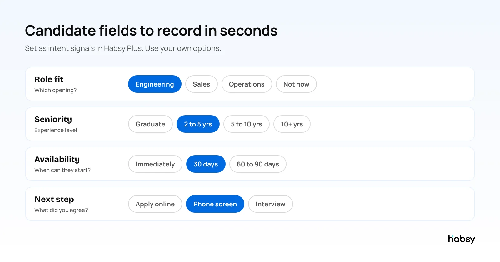 Candidate fields recruiters can record as intent signals: role fit, seniority, availability, next step