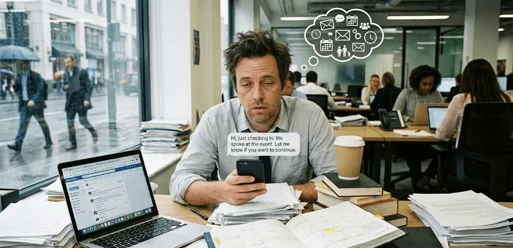 Professional reviewing networking contacts on a smartphone while using Habsy.ai to organize follow-up messages, meeting notes, and contact reminders after an event.