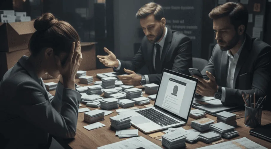 Professionals struggling to organize hundreds of business cards before switching to an AI business card scanner and contact management solution.