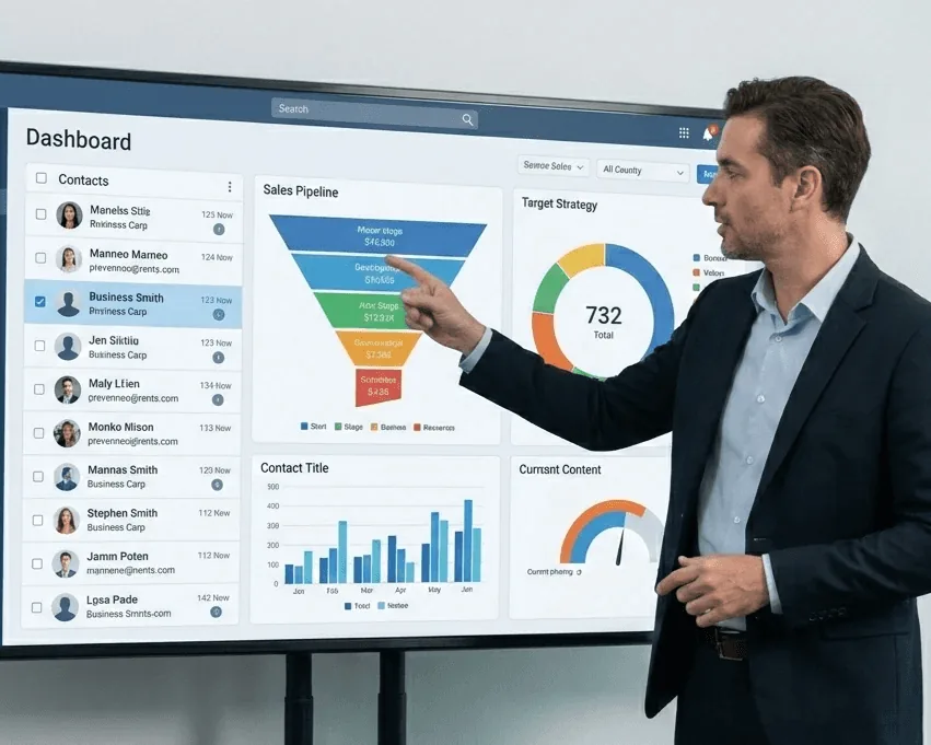 "Sales Leadership." It depicts a sales manager and their team reviewing the data from the CRM and making strategic decisions based on the sales pipeline. This shows that automation is just the beginning of the process.