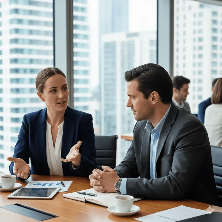 Business professionals collaborating in a meeting supported by AI-driven networking tools that enhance relationship management and follow-up.