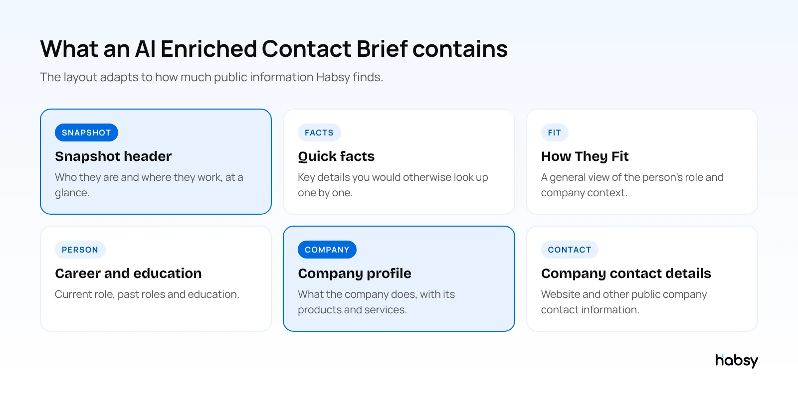 Sections of the Habsy AI Enriched Contact Brief: snapshot, quick facts, How They Fit, career, company profile, company contact details