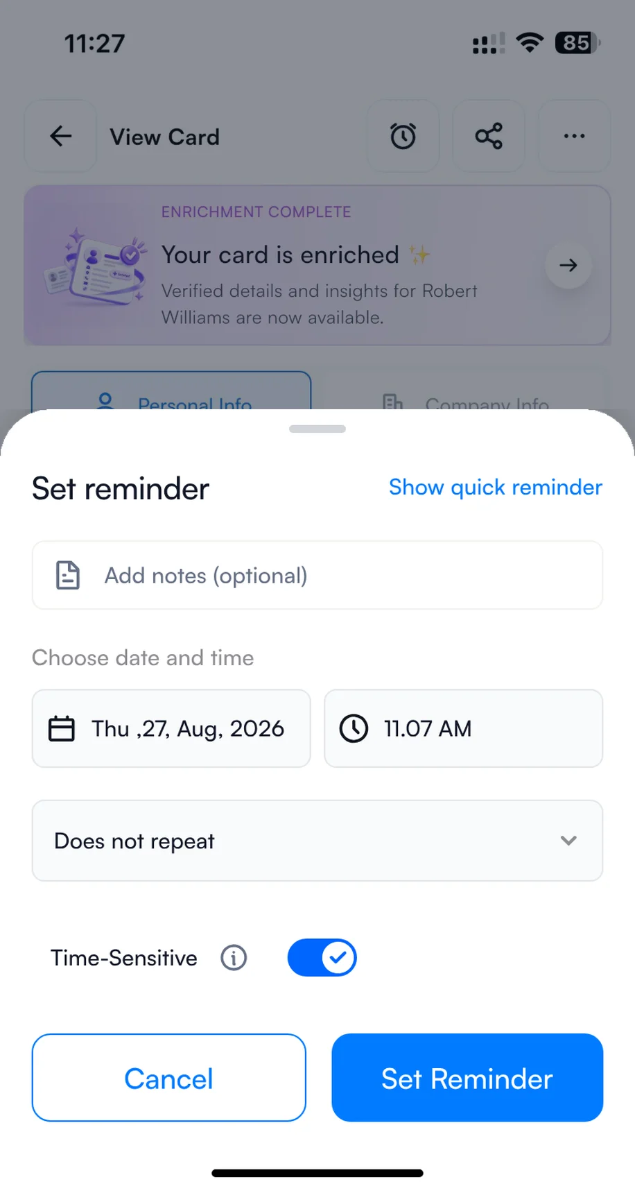 Setting a call-back reminder for a HIMSS27 contact