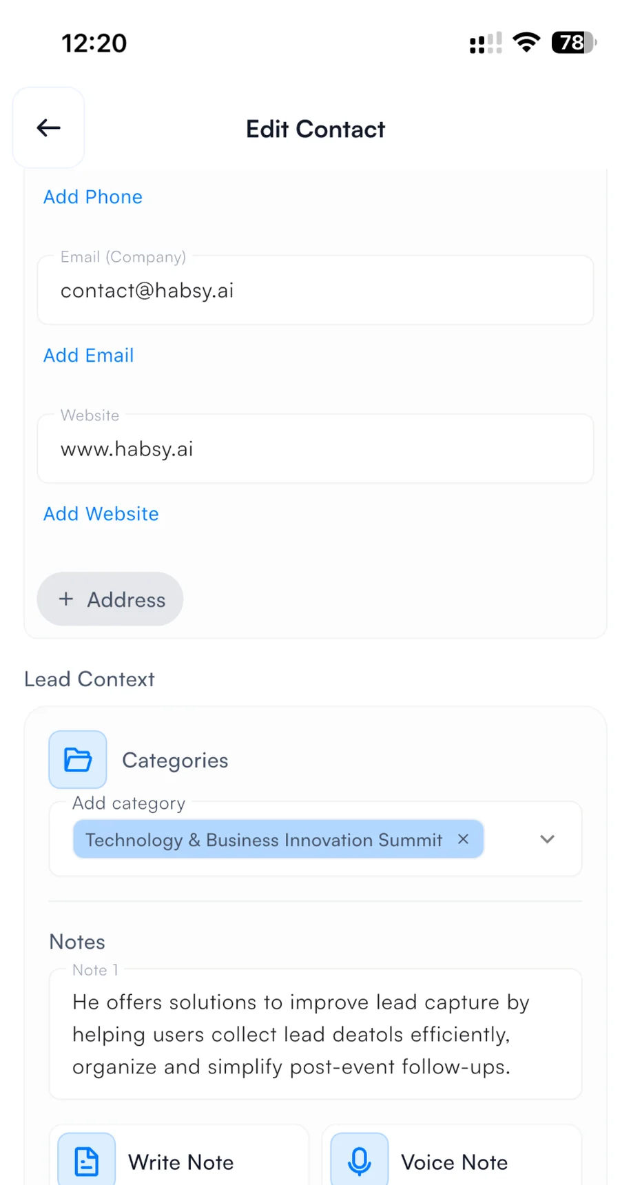 Choosing the HIMSS27 category when saving a contact