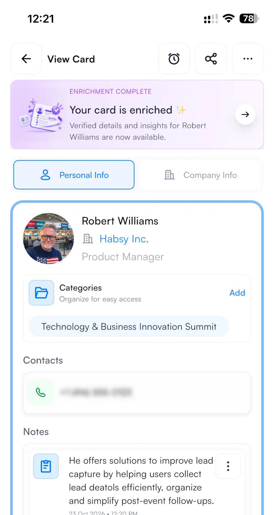 The HIMSS27 category shown on a saved contact