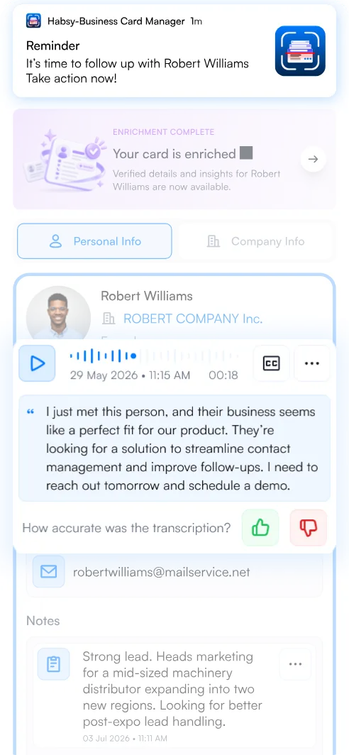 Habsy contact screen with a voice note, reminder and notes